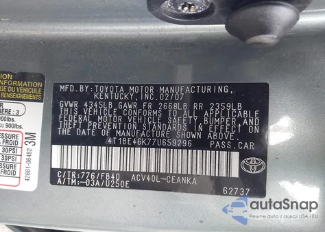 2007 Toyota Camry Le из США, поврежденный, VIN 4T1BE46K77U659296